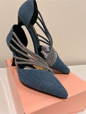 Denim Pointed-Toe Slingback Heels with Rhinestone Straps